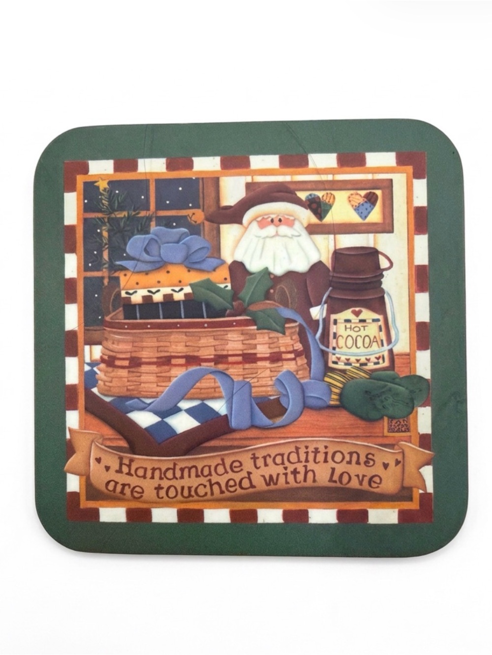 Set of 4 Vintage Cork-Back Christmas Santa Coasters | Folk Art Hot Cocoa Design